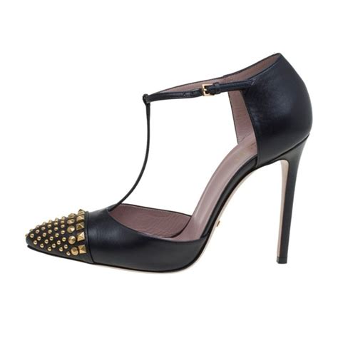 gucci gold studded pointed toe coline|GUCCI Coline black leather gold studded pointed toe Mary.